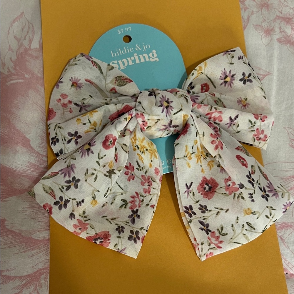 Spring Floral Bow Hair Clip - White with Pink & Yellow Flowers